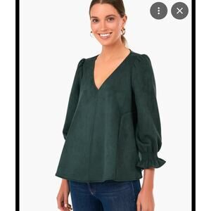 Tuckernuck Easton Malachite Faux Suede Peplum Blouse Green XS Puff Sleeve Top
